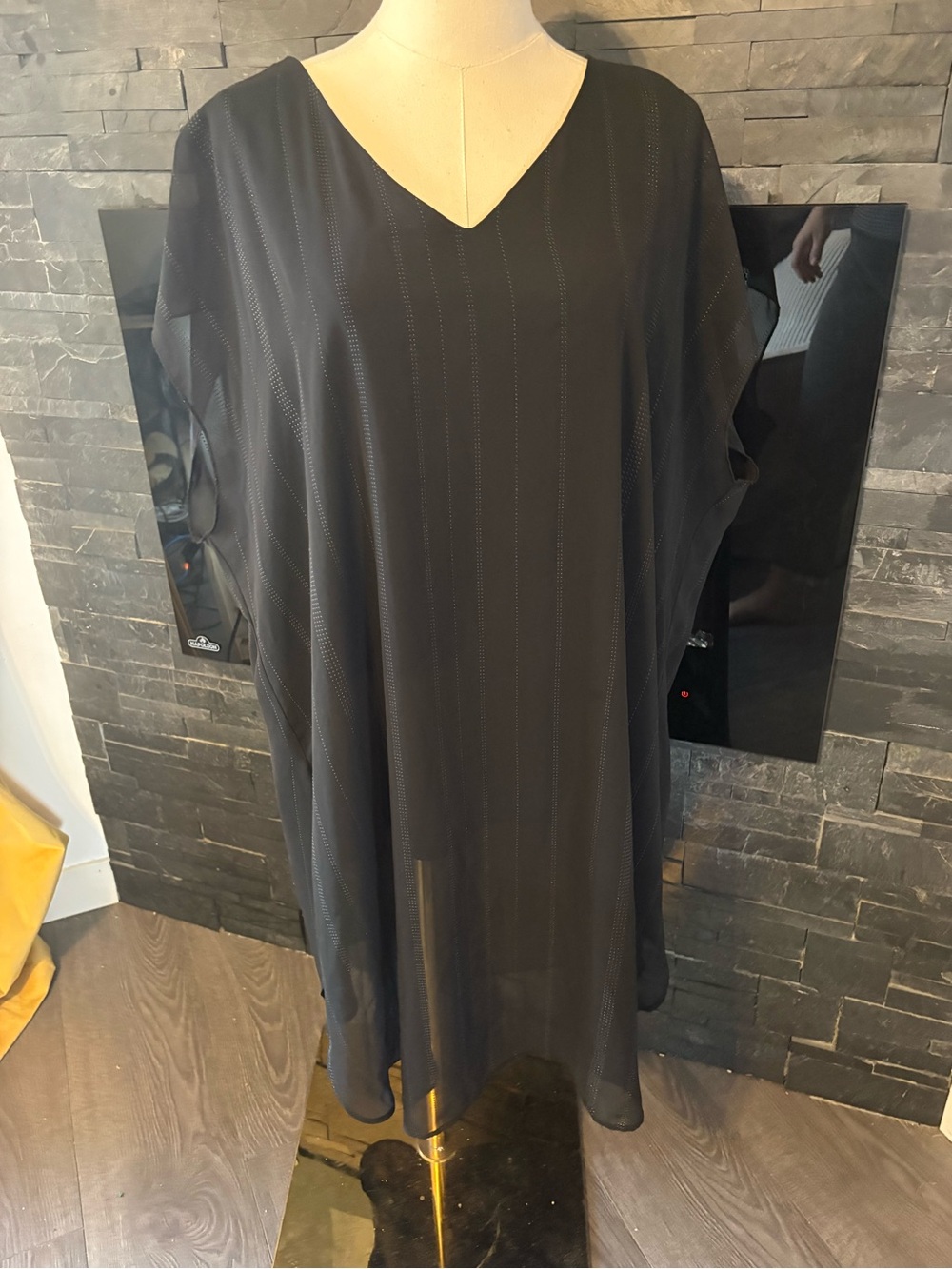 Women's Black V-Neck Midi Dress with Sheer Overlay